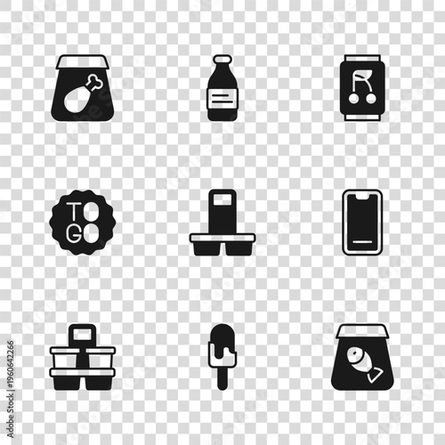 Set Ice cream, Food ordering on mobile, Online fish, Coffee cup to go, Soda can, meal, Bottle water and icon. Vector