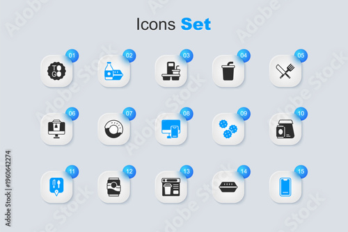 Set Lunch box, Donut, Online ordering food, Cafe and restaurant location, Food mobile, Coffee cup to go and icon. Vector