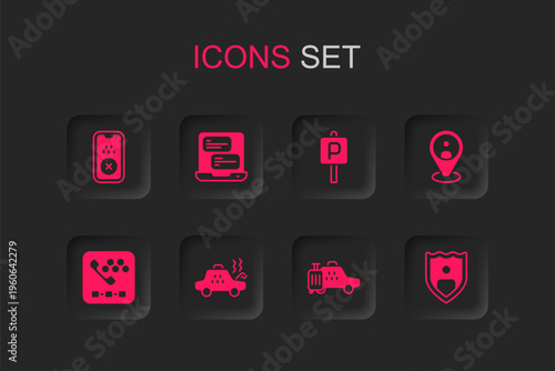 Set Broken taxi car, Taxi mobile app, client, Life insurance with shield, Parking and call telephone service icon. Vector