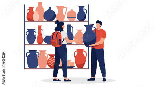 Tourists explore a local ceramic shop and admire various handmade clay pots and vases on wooden display shelves.