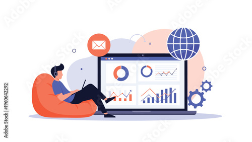 Data scientist works on business analytics and statistics from a comfortable bean bag chair with a large dashboard screen.