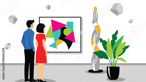 Art lovers enjoy a visit to a modern gallery where they admire colorful abstract paintings and unique contemporary sculptures.