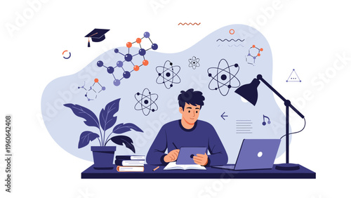 Dedicated student or researcher uses a tablet and laptop while studying complex scientific concepts like atoms and molecules at his desk.