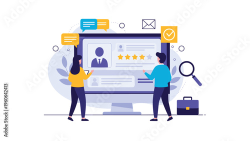 Human resources team evaluates a job candidate profile on a large monitor with star ratings and feedback bubbles in an office setting.