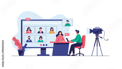 Live video production and broadcast studio setup where a host interviews a guest while others participate remotely on a large screen.