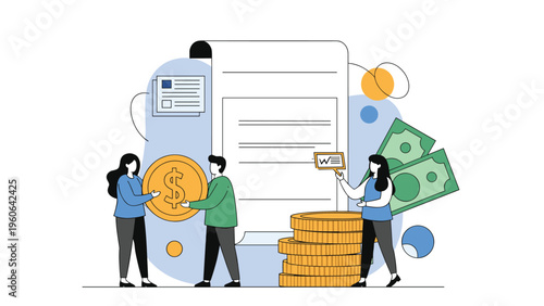 Financial transaction and agreement concept showing a man and woman exchanging a gold coin in front of a giant contract and money stacks.
