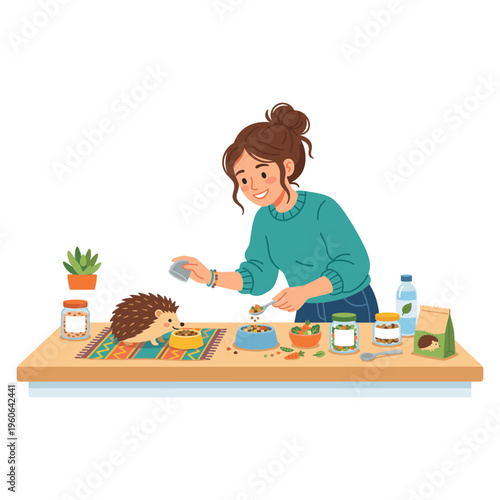 Woman prepares food with hedgehog on table indoors at home