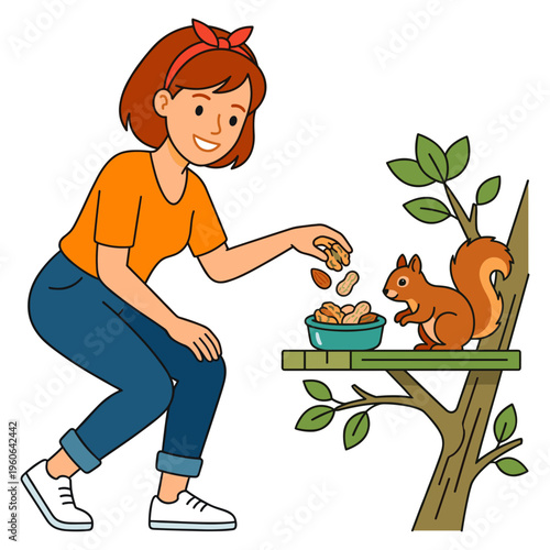 Woman feeds a squirrel nuts from a bowl on a tree platform.