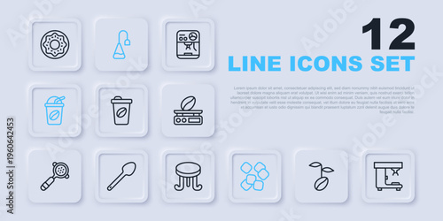 Set line Coffee beans, machine, cup to go, Sugar cubes, Iced coffee, Teaspoon, bag and table icon. Vector