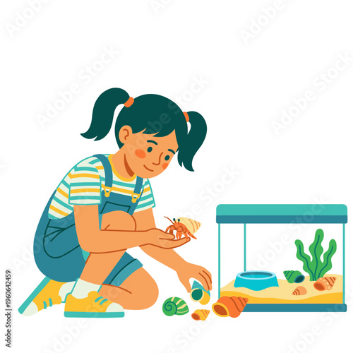A young girl curiously examines a seashell near a miniature aquarium with plants and seashells on the floor.