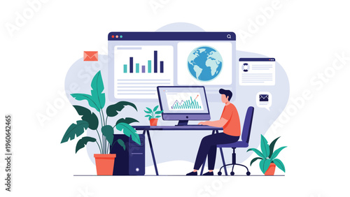 Data analyst monitors global market trends and business performance statistics on a large computer screen in his modern home office.