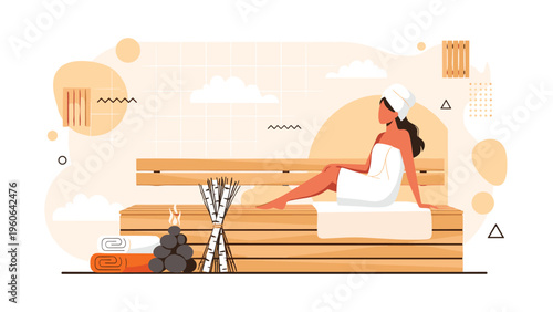Relaxed woman enjoys a peaceful moment of wellness and detox while sitting on a wooden bench in a hot steam sauna room.