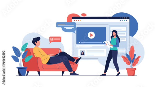 Creative team reviews a video project together where a man uses a laptop on a sofa and a woman stands by a large media player screen.