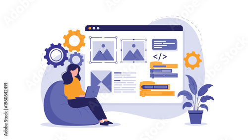 Web designer works on website layout and UI design while sitting comfortably in a bean bag chair with her laptop and tools.