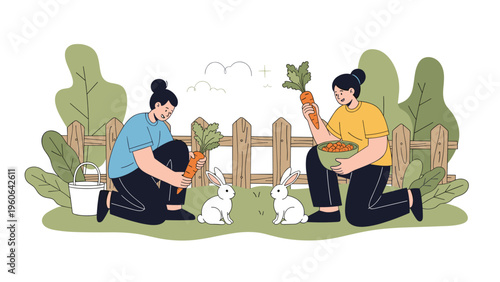 Two happy women harvest fresh orange carrots from their garden while cute white rabbits play nearby in the green grass.