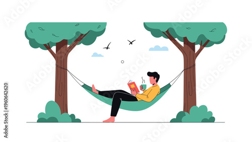 Man relaxes in a comfortable hammock strung between two green trees while reading a book and drinking tea outdoors.