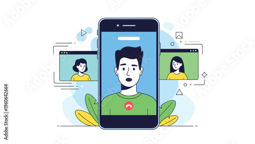 Online video conferencing concept showing a man's face on a large smartphone screen with other participants in smaller windows.