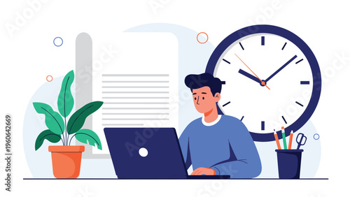 Focused professional works on a project at his laptop with a large clock in the background symbolizing a tight deadline.