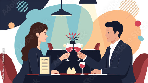 Couple celebrates a romantic anniversary or special occasion with a dinner and wine toast at a fancy restaurant.