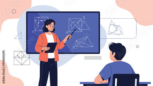 Math teacher explains complex geometry and trigonometry principles to a student using a large digital screen with diagrams.