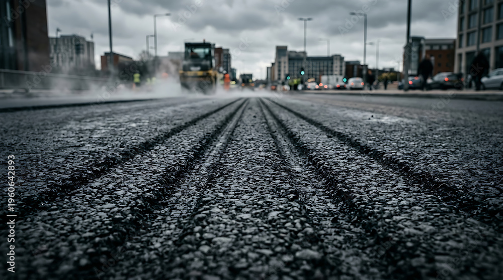 Fototapeta premium Close up of new asphalt road surface with tram tracks and construction vehicle in distance on cloudy urban city street