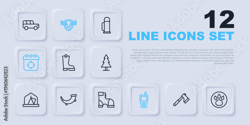 Set line Wooden axe, Paw search, Waterproof rubber boot, Walkie talkie, Target sport, Hunting horn, Deer antlers on shield and Hunter boots icon. Vector