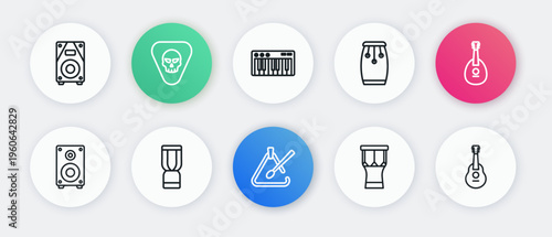 Set line Triangle musical instrument, Mandolin, Stereo speaker, African percussion drum, Conga drums, Music synthesizer, Guitar and djembe icon. Vector