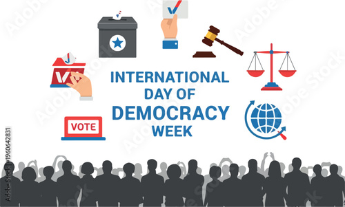 Celebrate International Day of Democracy Week with voting symbols, legal gavel, and global representation