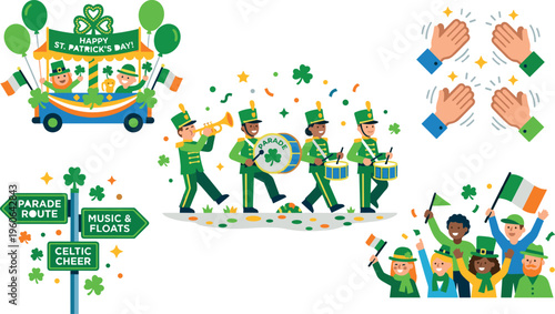 Saint Patricks Day Parade Celebration Set with Marching Band Crowd Irish Flags Float and Festival Elements Flat Vector Illustration Collection