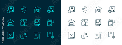 Set line Delivery security with shield, Waybill, Cardboard box measurement, Home delivery services, Warehouse check, Gear package and Location cardboard icon. Vector