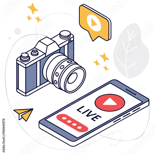 Social Media Live Streaming Concept With Camera and Smartphone Vector
