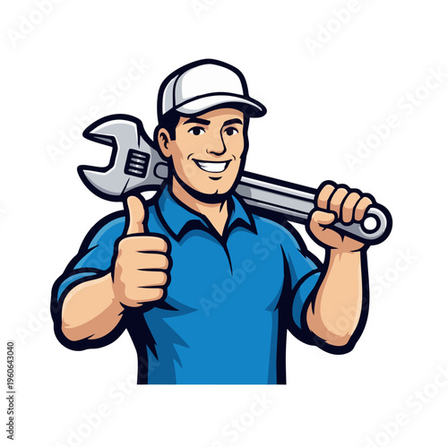 Smiling Mechanic Mascot Character Holding Wrench and Showing Thumbs Up