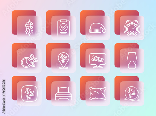 Set line Alarm clock, Big bed, Sleepy, Pillow, Sleeping hat, Dream catcher with feathers and Medical prescription icon. Vector