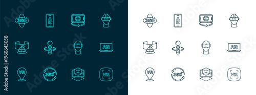 Set line Virtual reality glasses, 360 degree view, 3d modeling, VR controller game, and Augmented AR icon. Vector