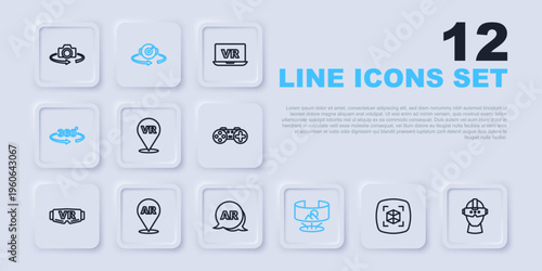 Set line 3d modeling, Virtual reality glasses, 360 degree view, Augmented AR, and icon. Vector