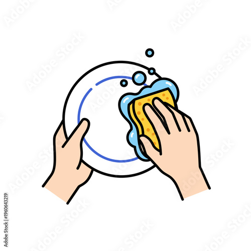 Hands washing a plate with a sponge and soap bubbles