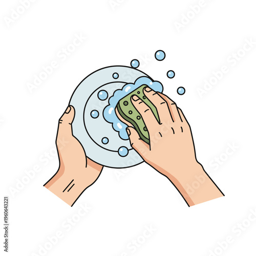 Hands washing a plate with a sponge and soap bubbles, cleaning concept