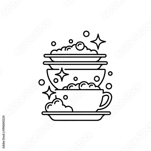 Stack of clean dishes with soap bubbles and sparkles, line art illustration
