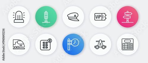 Set line Train station clock, Road traffic sign, High-speed train, Handcar transportation, ticket, driver hat, board and Online booking icon. Vector
