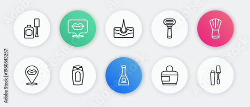 Set line Bottle of nail polish, Makeup brush, Smiling lips, Cream or lotion cosmetic tube, Shaving razor, Human hair follicle, Mascara and shampoo icon. Vector