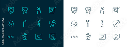 Set line Dental floss, clinic location, Electric toothbrush, X-ray of, Tooth drill, pliers, protection and Broken icon. Vector