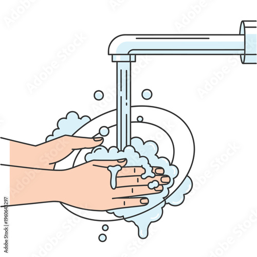 Washing Hands Under Running Water with Soap Bubbles and Foam