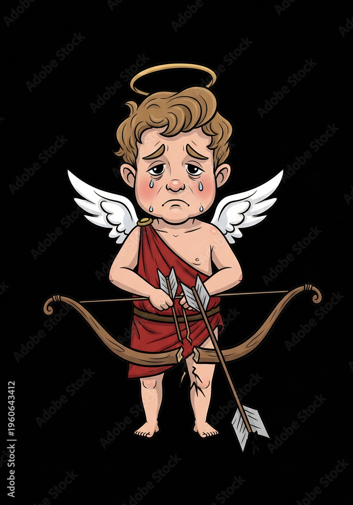 Obraz premium 悲しいキューピッド、弓矢を持つイラスト