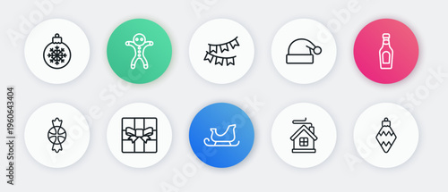 Set line Christmas santa claus sleigh, Champagne bottle, Candy, Merry house, Santa Claus hat, Carnival garland with flags, toy and Gift box icon. Vector