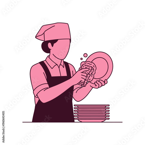 Chef cleaning dishes, kitchen hygiene, restaurant service, domestic chores