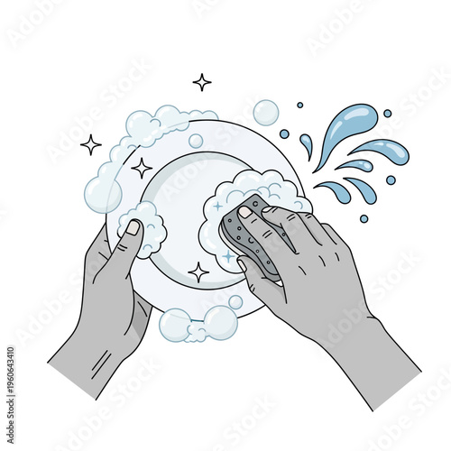 Hands washing a plate with soap and water, sparkling clean dish