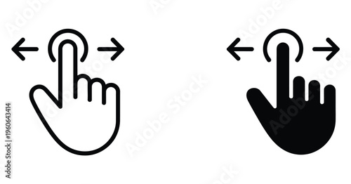 Swipe left and right icon, digital slider gesture set, finger swipe navigation arrows, mobile touchscreen interaction symbols, horizontal scroll indicator UI elements, drag and slide control concept, 
