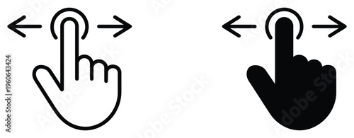 Swipe left and right icon, digital slider gesture symbols, finger touch sliding navigation concept, mobile UI interaction arrows, horizontal scroll control indicator, touchscreen swipe instruction gra