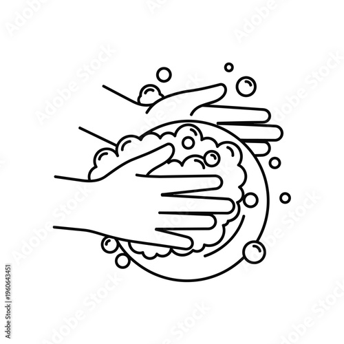 Hands washing dirty plate with soap bubbles, hygiene concept, line art illustration