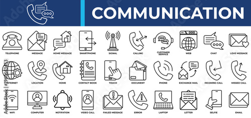 Communication icon set collection. Containing interaction, communicate, email, report, touch, contact, plan .Line vector icons collection